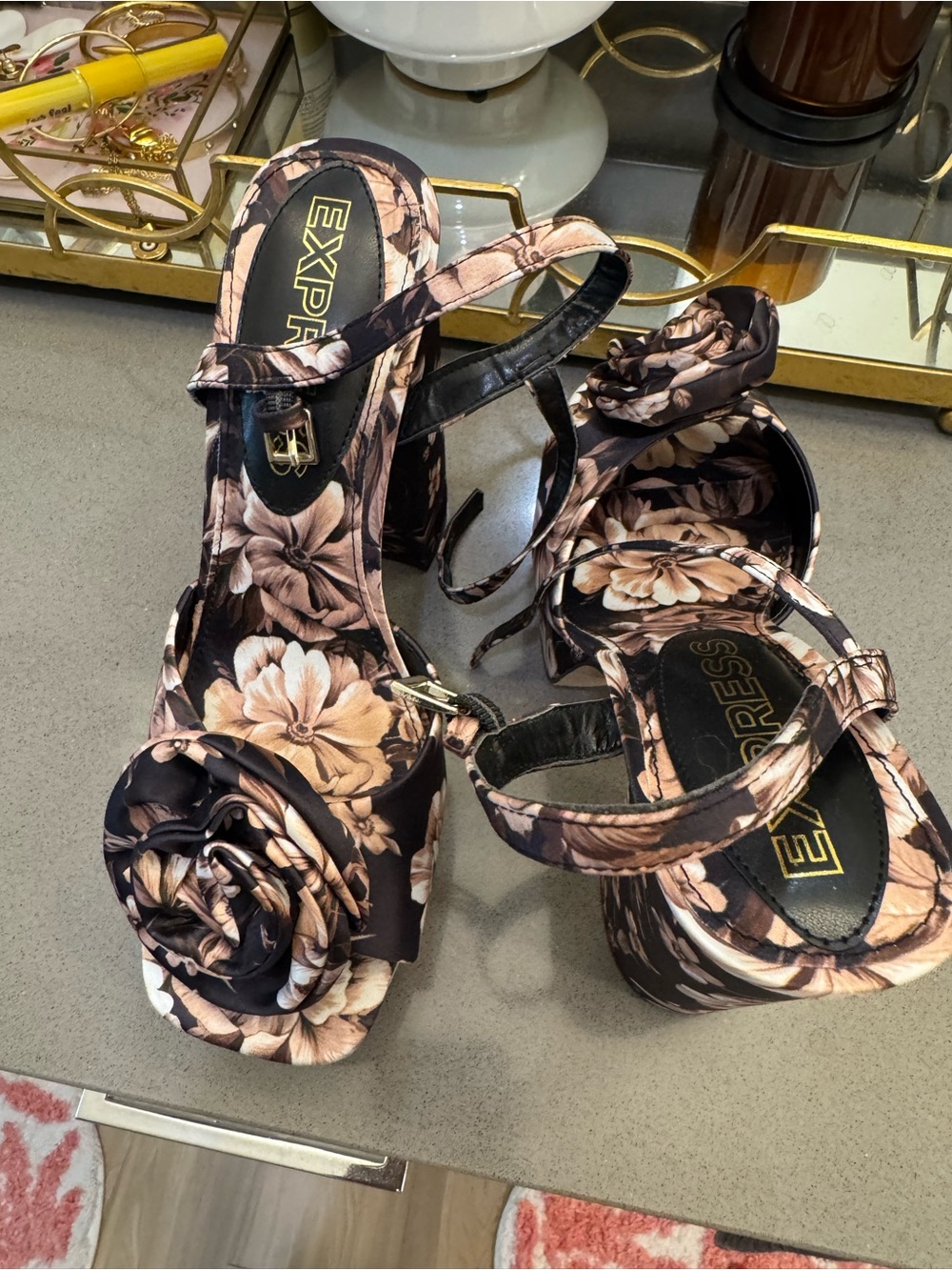 Express Floral Platform Sandals in Black and Soft Pink